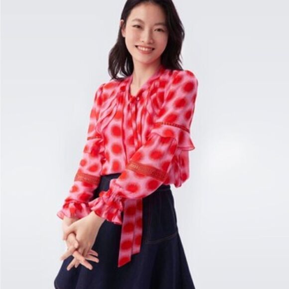 DVF Diane Von Furstenberg pink Arlington ruffle long sleeve blouse 4 - Picture 3 of 9